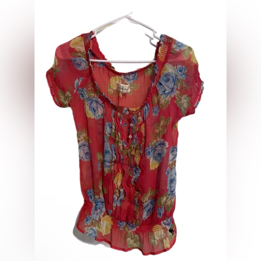 Abercrombie & Fitch Floral Short Sleeve Sheer Blouse Size Small Red Blue and Y…